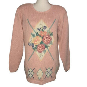 VTG CASUAL CORNER Sz M Women's Rose Floral Cotton Blend Shoulder Pads Sweater